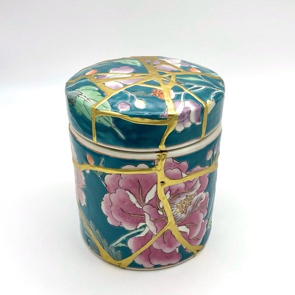 Kintsugi Container Stash Pot Chinese Floral Porcelain Gold Crack Growth Gift - Picture 5 of 13